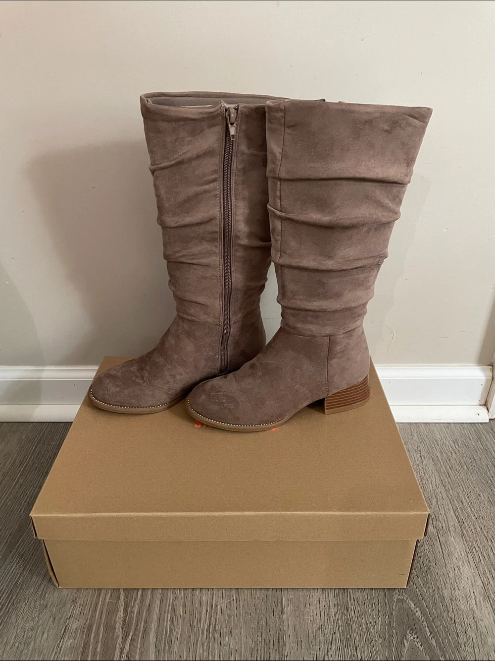 Steve Madden Taupe Suede Ruched Mid-Calf Boots